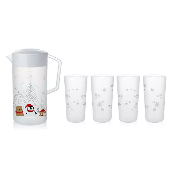 Set Jarra Plus 2l Y Vaso Plus 12oz X4 Muñecos Navidad