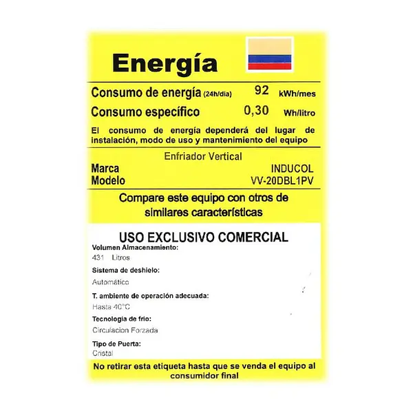 Vitrina Vertical Inducol Vv-20dbl1pv - 431 Litros | No Frost