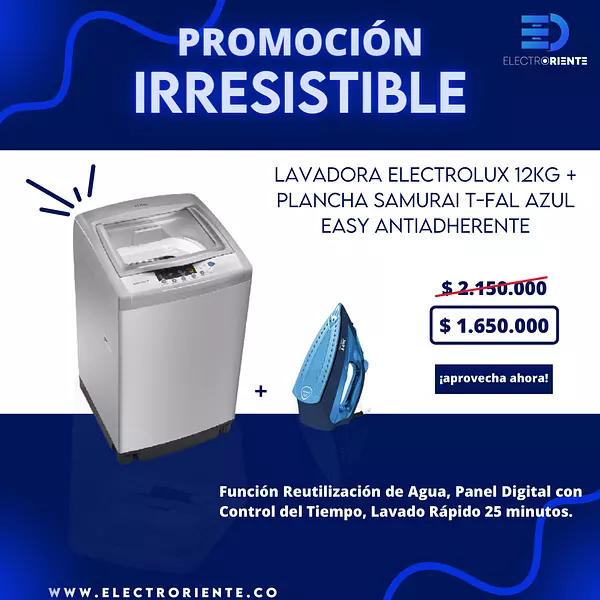 Lavadora Electrolux 12 Kg + Plancha Samurai T-Fal Azul