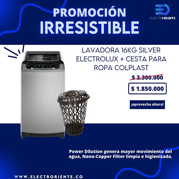Lavadora Silver 16 Kg + Cesta Para Ropa Colplast